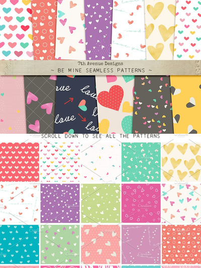 关于爱心的无缝背景纹理 Be Mine Seamless Patterns