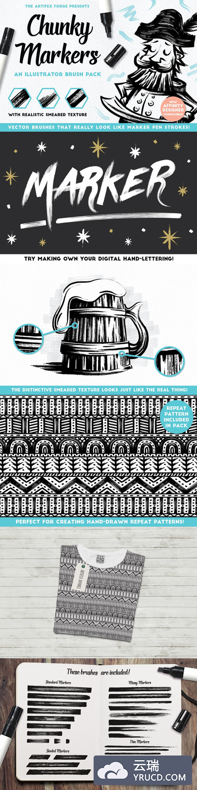 马克笔效果的Ai笔刷 Chunky Markers - Illustrator Brushes