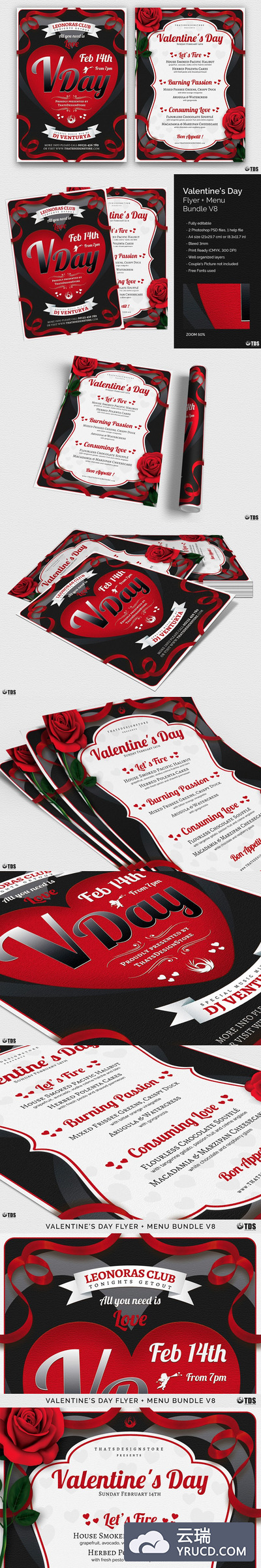 情人节海报菜单PSD模板 Valentines Day Flyer+Menu PSD V8