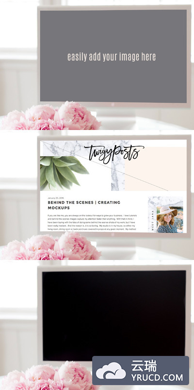 桌面样机与粉红牡丹 Desktop Mockup with Pink Peonies