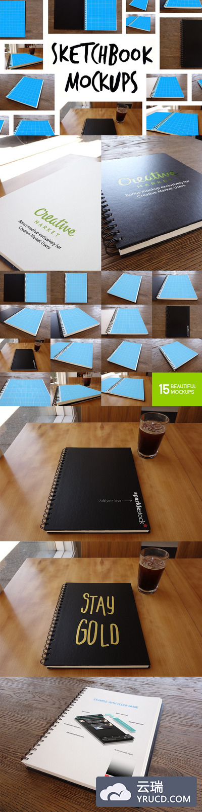 15种记事本封面设计样机 15 Sketchbook Mockups