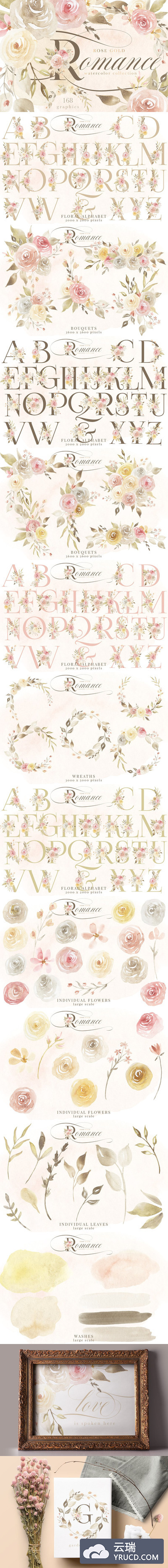 玫瑰金浪漫水彩花卉素材 Rose Gold Romance Watercolor Flowers