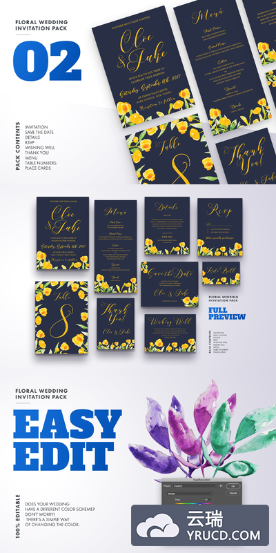 时尚花卉婚礼邀请函模板 Floral Wedding Invitation Set Vol.2