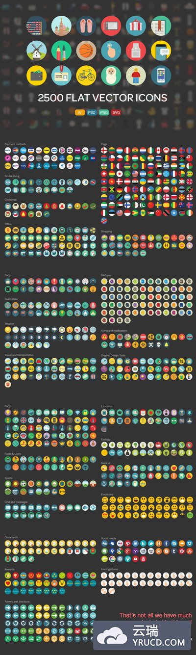 2500个扁平化图标素材 2500 Flat Icons Ai | PSD | SVG |PNG