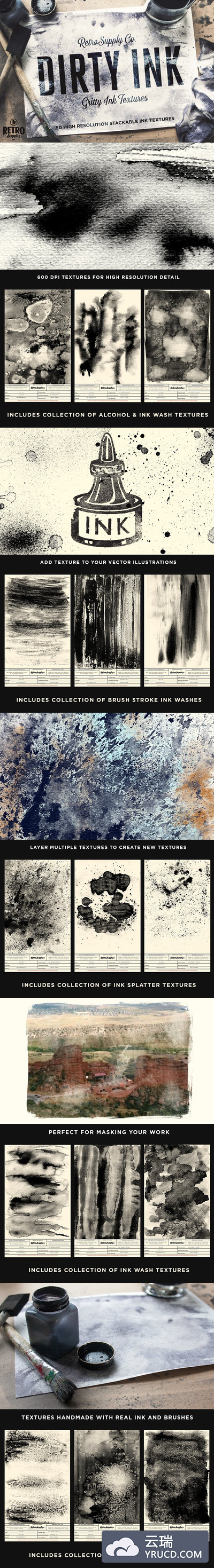 干墨水洗墨水效果的背景纹理素材 Dirty Ink | Ink Wash Textures