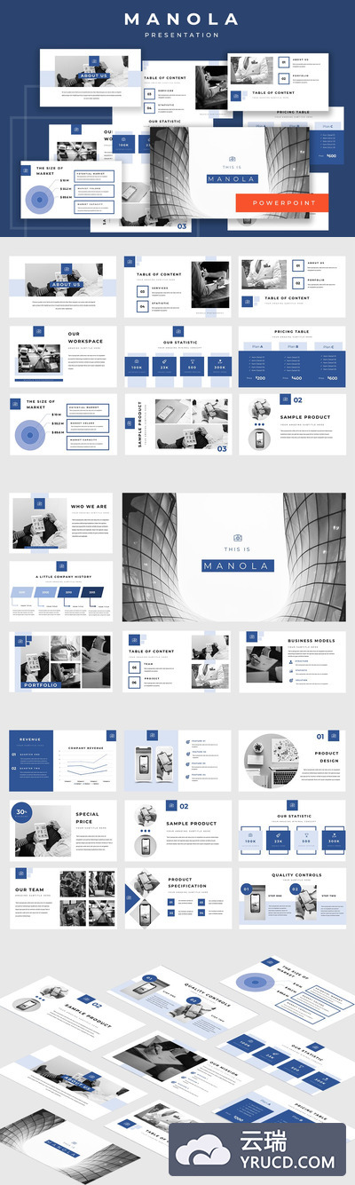 时尚高端商务商业质感的湛蓝配色的powerpoint幻灯片演示模版（pptx）