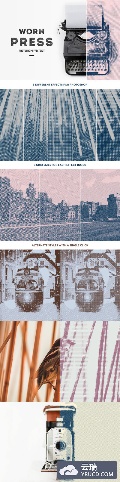 旧式怀旧丝网印刷效果的图层样式 Pressed Photoshop Effects Kit