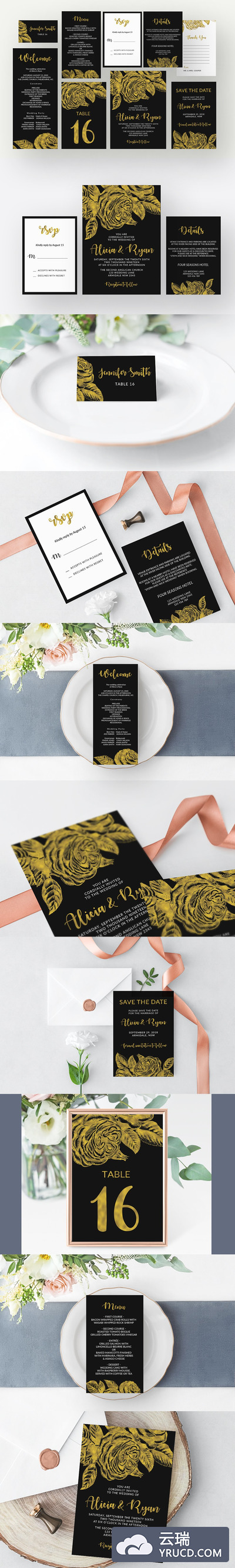 黑金色的玫瑰背景卡片素材 Gold roses flower black invitation