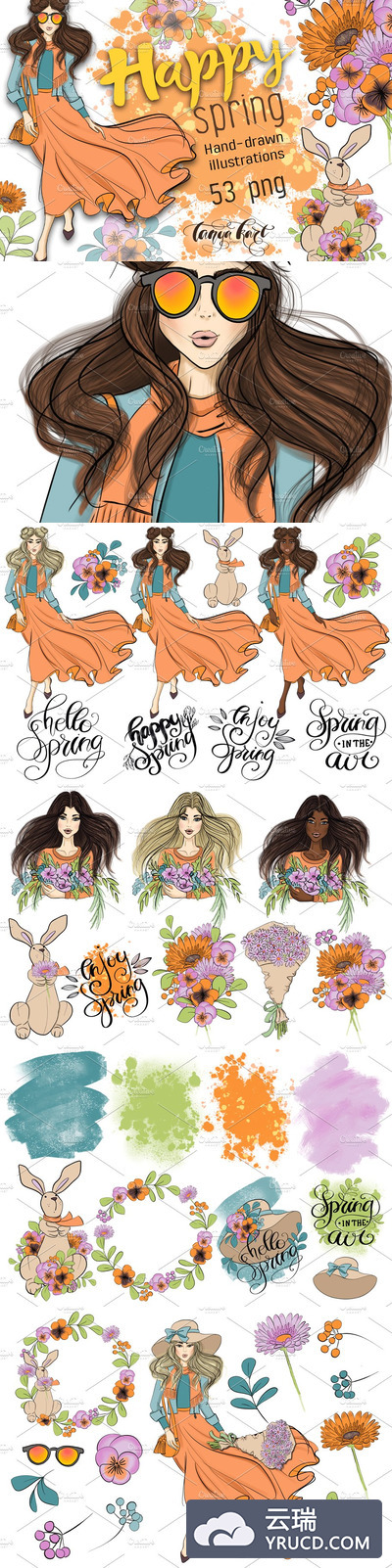 快乐春天手绘素材 Happy Spring Hand Drawn Illustration