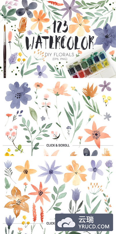 123个水彩DIY花卉素材 123 DIY Watercolor Flowers (EPS,PNG)