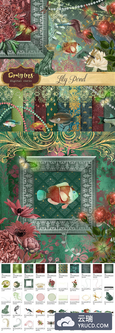 装饰画风格的池塘素材合辑下载 Lily Pond Digital Scrapbooking Kit [png,jpg]