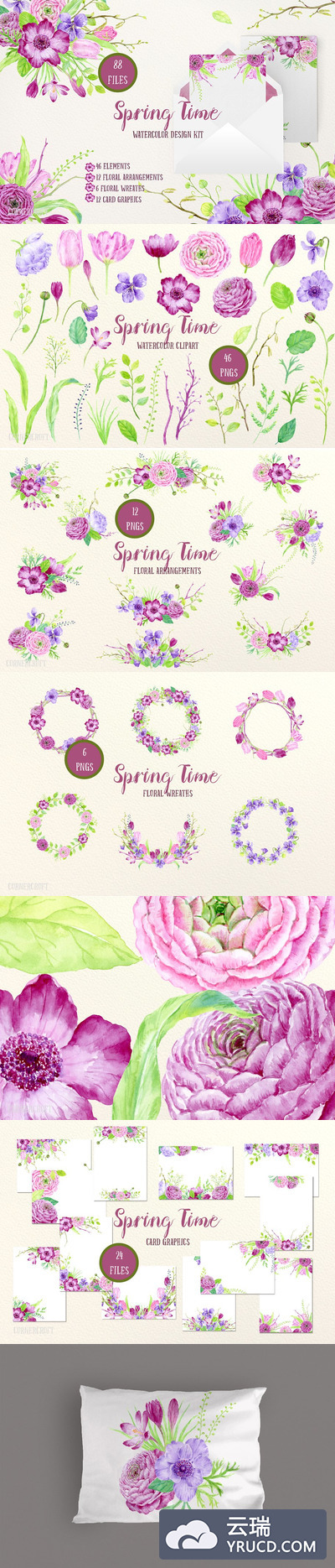 水彩效果的春天物料设计素材包 Watercolor Design Kit Spring Time