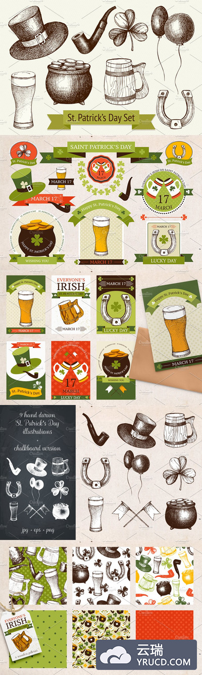 圣帕特里克节素描素材合集 Vector St. Patrick's Day Icons Set