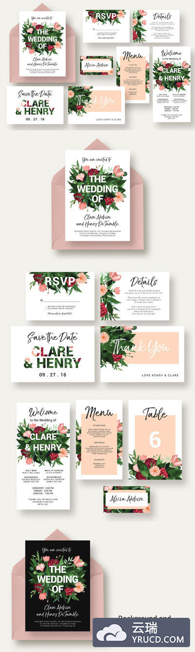 用花卉设计的婚礼常用物料模版 Flower Burst Wedding Suite