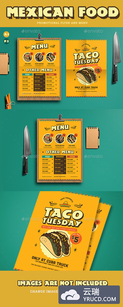 墨西哥食物菜单和促销海报模板下载 Mexican Food Menu+ Promotional Flyer [ai,psd]