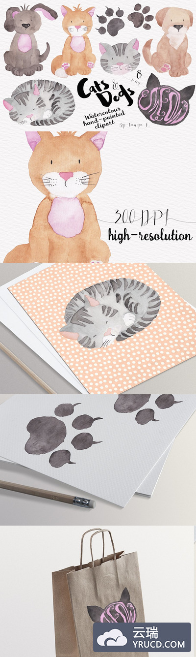 可爱的猫和狗的卡通水彩画素材 Cats and Dogs Watercolour Clipart