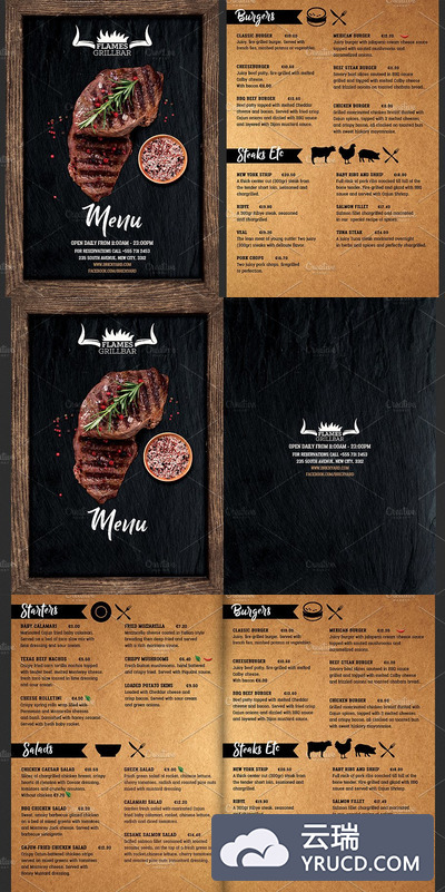 高端西餐厅牛排菜单传单海报模版 Grill Restaurant Menu Flyer Template