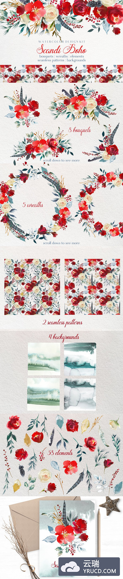 斯堪的纳维亚风格的花卉素材 Boho Scandi Red Flowers PNG