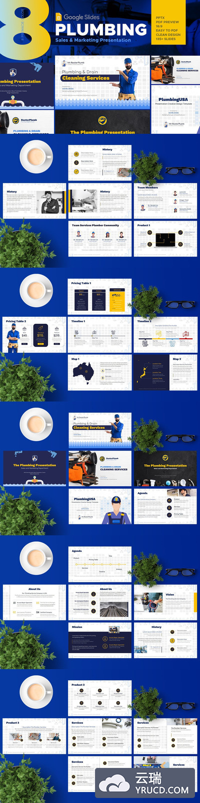 高品质的房地产物业装修公司管道服务行业powerpoint谷歌幻灯片Google Slides演示模板（pptx）