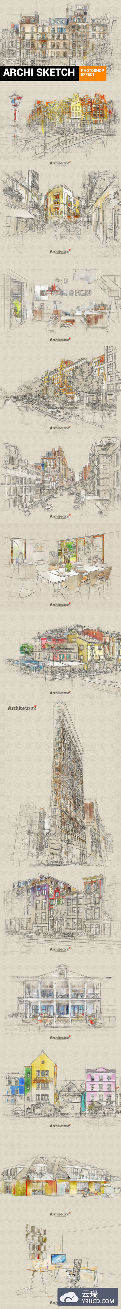 高品质的房地产建筑行业的草图手绘素描速写水彩水粉photoshop动作预设