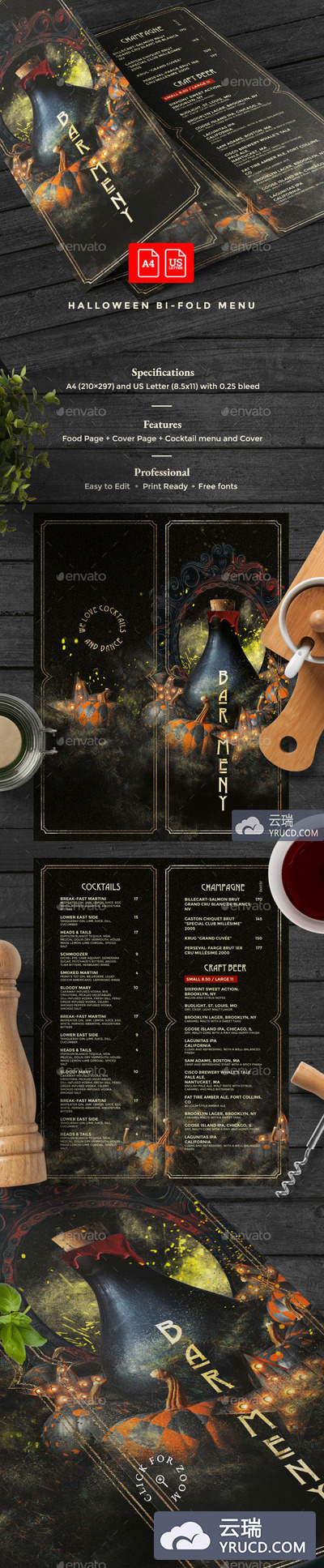 高端酷炫的万圣节氛围商业菜单模版下载 [A4,PSD]