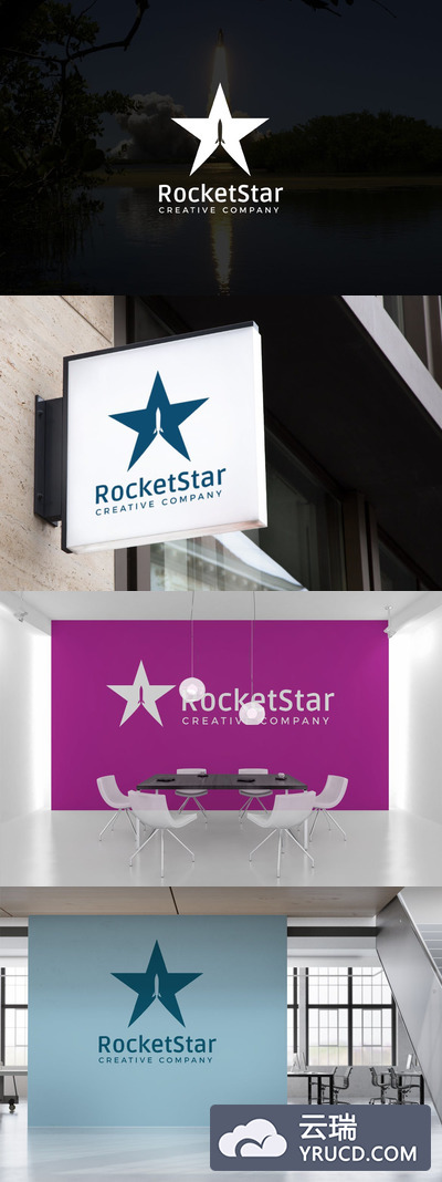 RocketStar：正负空间矛盾空间星星火箭标志logo设计模板