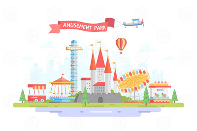 时尚扁平化风格的城市游乐场迪斯尼乐园海报banner设计元素