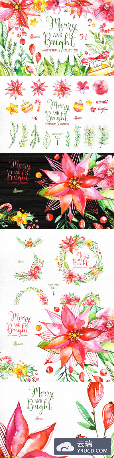 婚礼和明亮的水彩素材 Merry And Bright. Watercolor