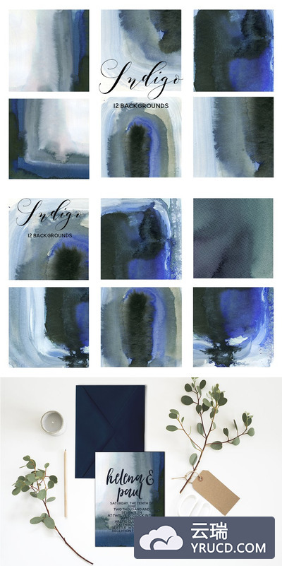 水洗水彩效果的背景纹理素材 Indigo Blue Grey Watercolor Washes