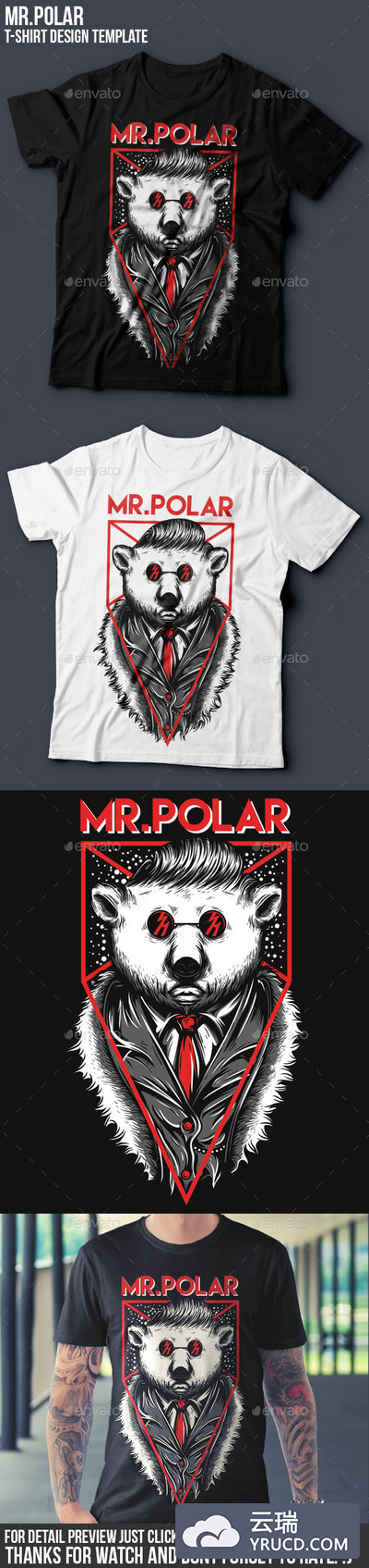 高品质的卡通北极熊T恤图案及展示样机下载 Mr.Polar T-Shirt Design [ai,eps,png]