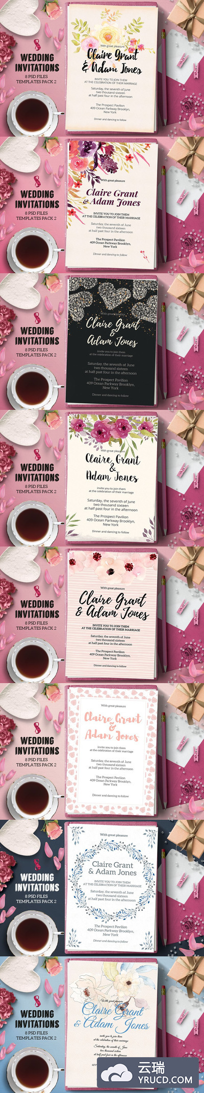 粉红婚礼邀请函模版 8 Wedding Invitations Pack 2
