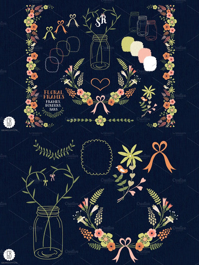 绘画框架素材 Floral frames jars stationery
