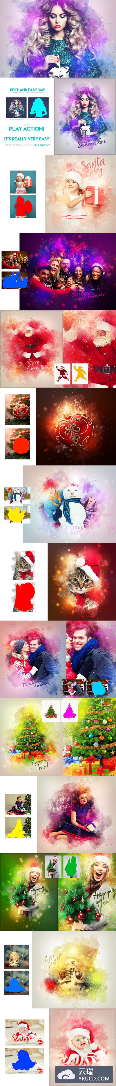 PS动作 | 圣诞节闪闪梦幻水彩雪花叠加效果