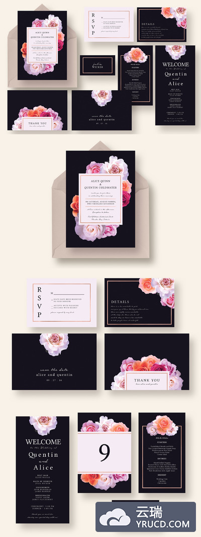 时尚的深色花卉婚礼物料模版 Stylish Dark Floral Wedding Suite