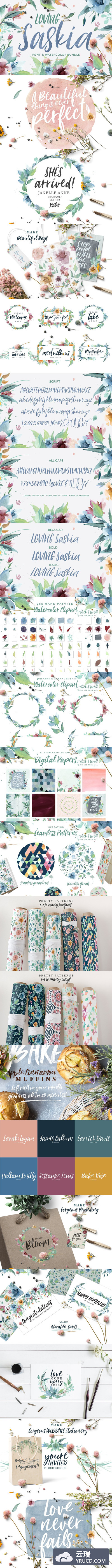 水彩手绘手写字体 Loving Saskia Font & Graphics Bundle