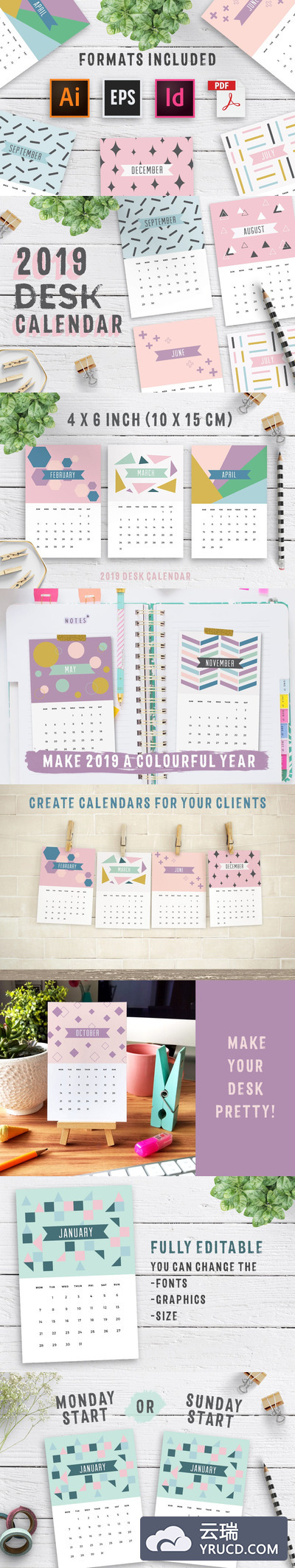 时尚可爱风格的2019年台历挂历日历设计模板