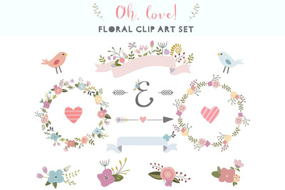 爱情主题的图形素材 Oh, love! floral clip art set