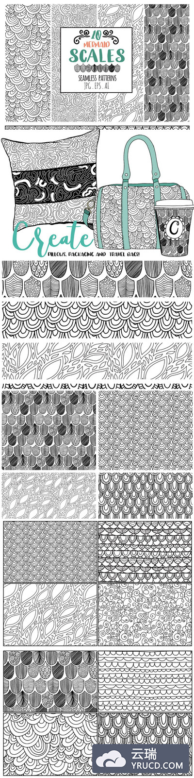 美人鱼鳞片背景纹理素材 Mermaid Scales Seamless Line Pattern
