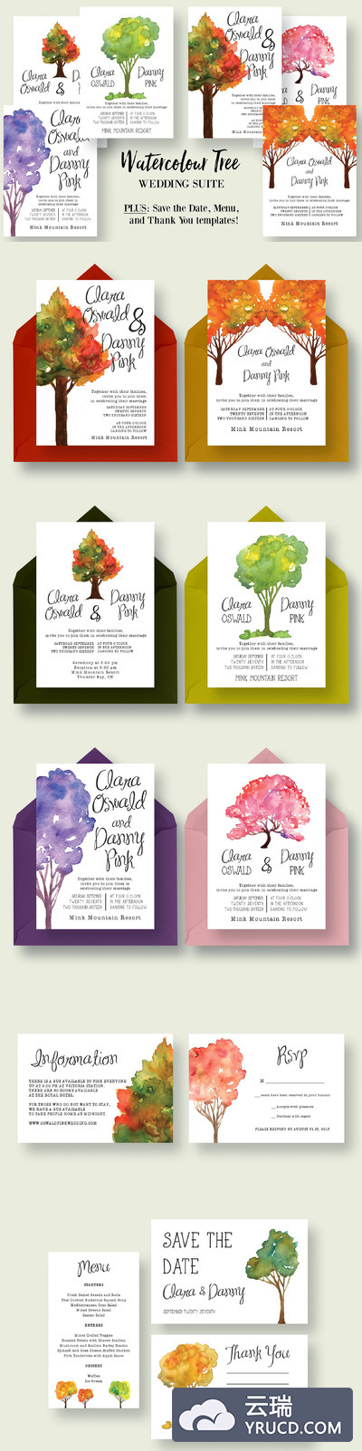 水彩树木平面设计素材 Watercolour Tree Wedding Suite 2.0