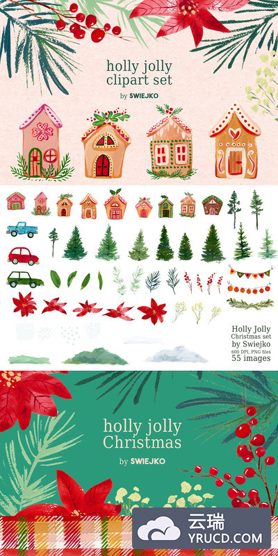 卡通可爱水粉圣诞节素材 Gouache Christmas clipart set