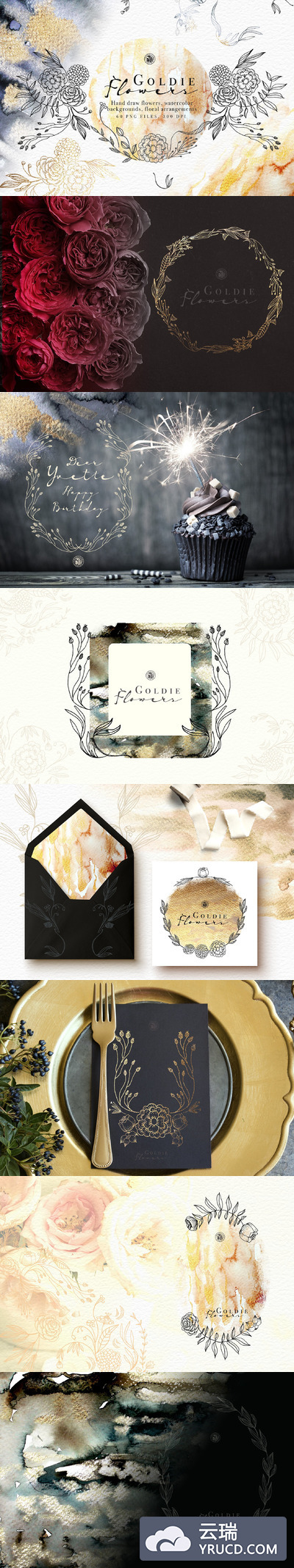 金色高端水彩花卉素材 Goldie Flowers