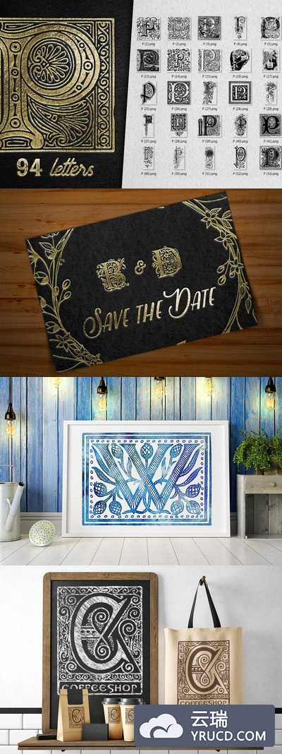 经典复古的字母变形图案 Vintage Letter P Decorative Alphabet