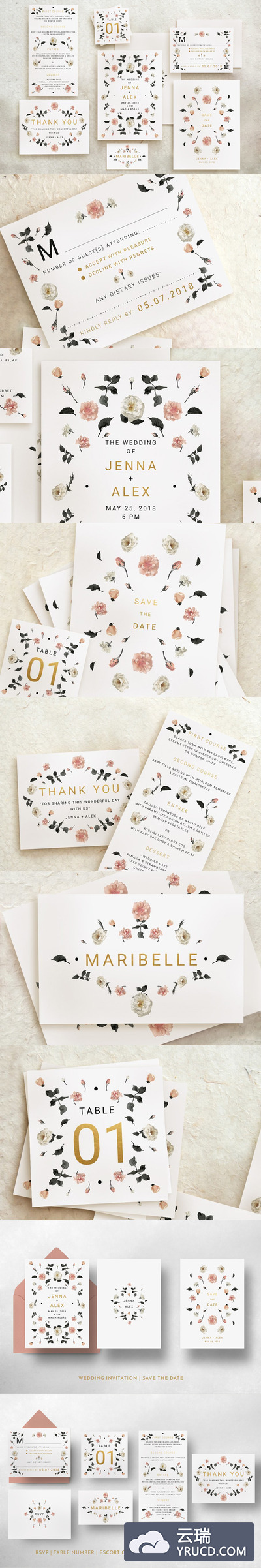 玫瑰金婚礼邀请函模版 Rose Gold Wedding Invitation Suite