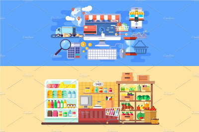 超市和电商相关的矢量插画 Supermarket and E-commerce Banners