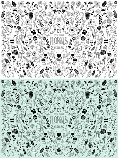丰富的手绘花卉背景纹理素材 120 Hand Drawn Florals Vector & PNG