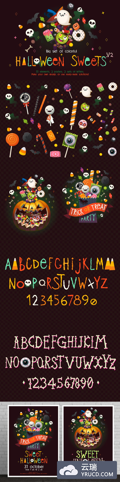 时尚可爱的万圣节糖果小怪兽骷髅头元素大集合