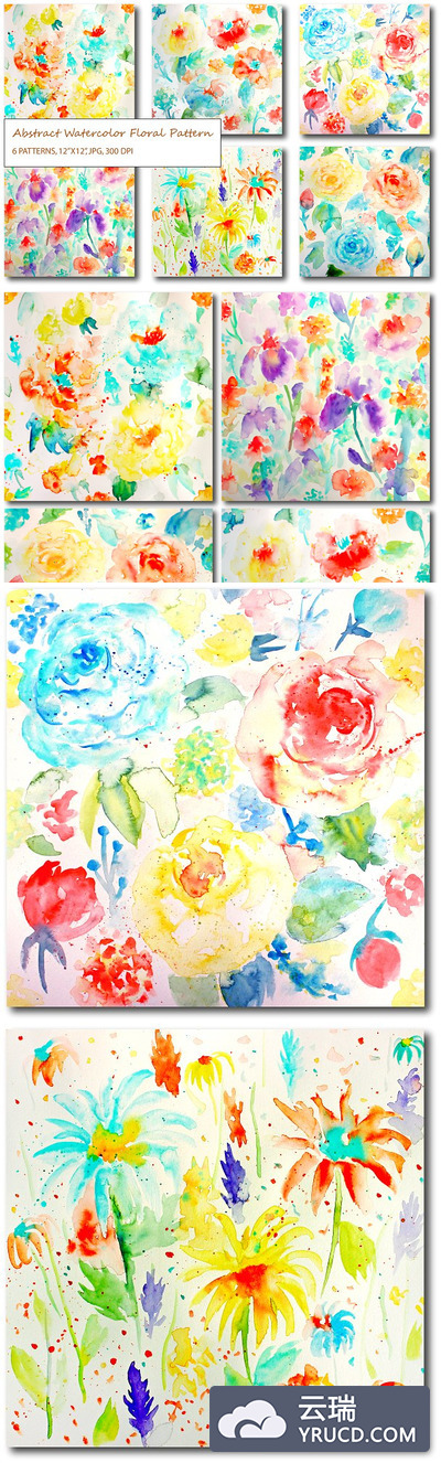 抽象水彩花卉背景纹理素材 Watercolor Abstract Floral Patterns