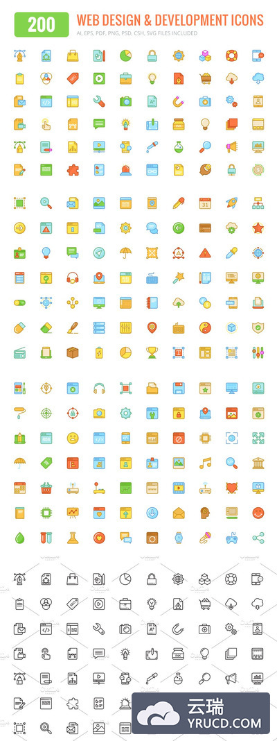 200个彩色网页设计主题图标 200 Web Design Colored & Line Icons