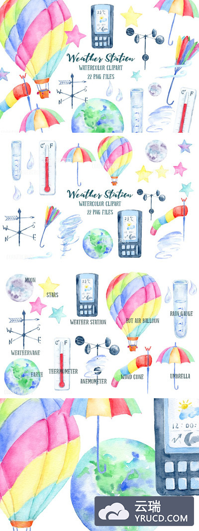 水彩画气象站插图素材 Watercolor Weather Station Graphics