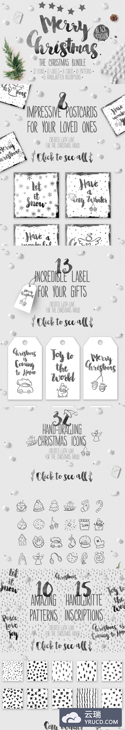 图标 | 32手绘圣诞节图标13标签8明信片银色白色主题